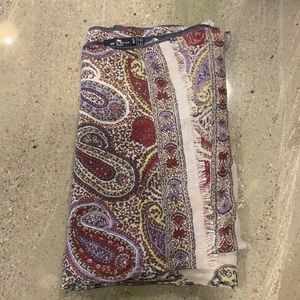 Etro silk and wool paisley scarf. Cream background, sage, violet, red print.